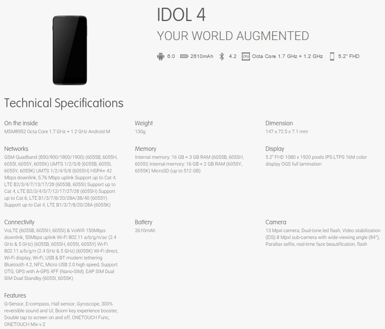 Alcatel Idol 4 Spec Sheet