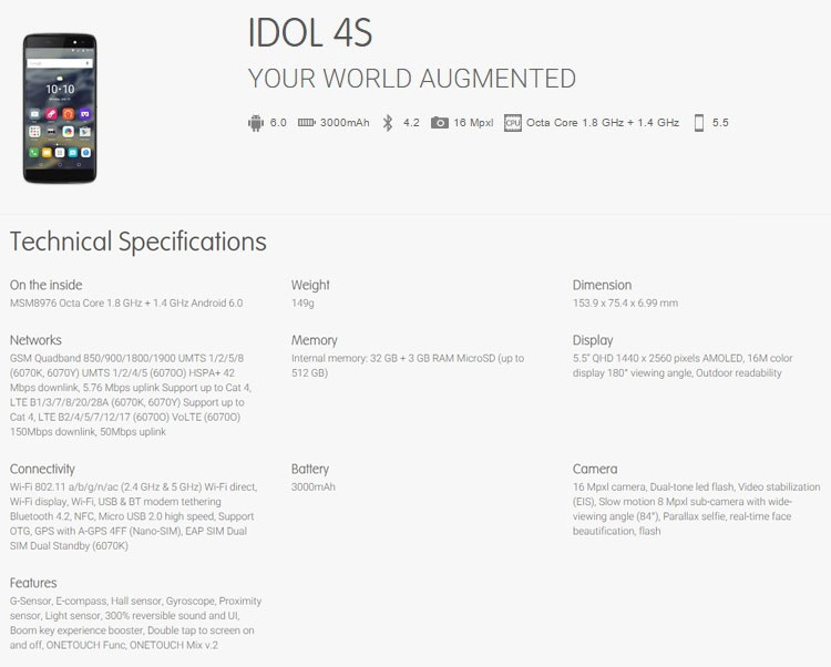 idol 4s spec sheet