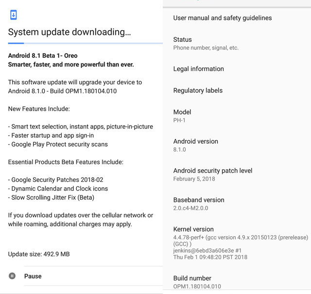Essential Phone PH-1 Android 8.1 Oreo Beta Update