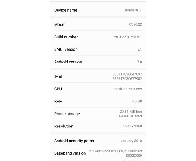 Huawei Honor 9i After Update 