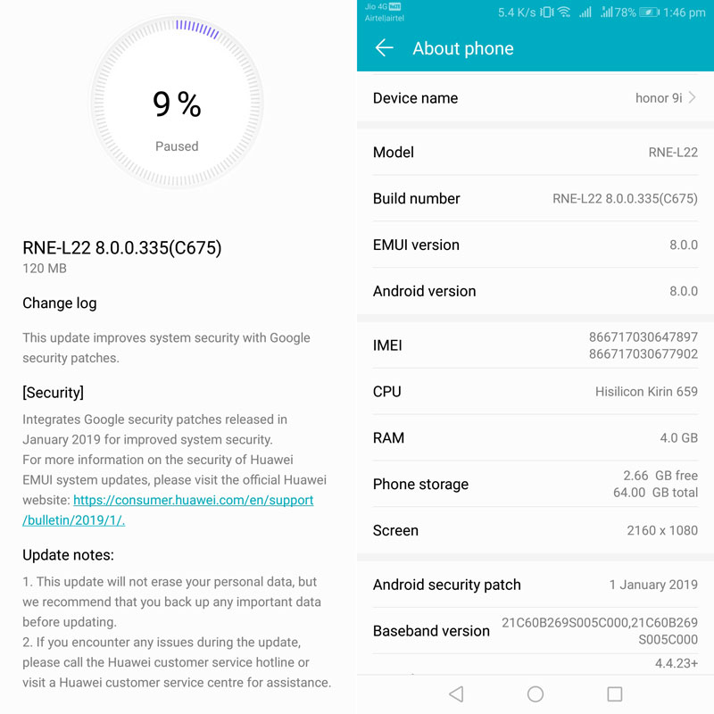 Honor 9i January 2019 Security Patch Update