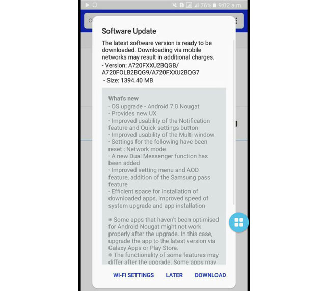 Samsung Galaxy A7 (2017) Nougat Update