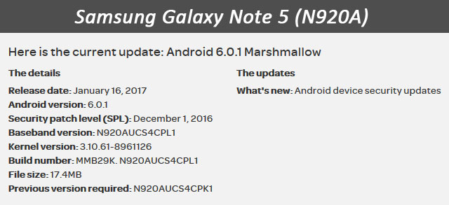 ATT Samsung Galaxy Note 5 December Security Patch