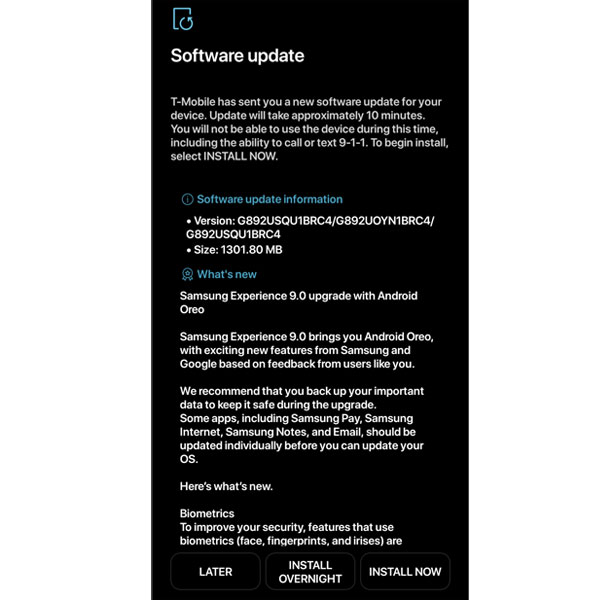Samsung S8 Active T-Mobile Android 8.0 Oreo Update