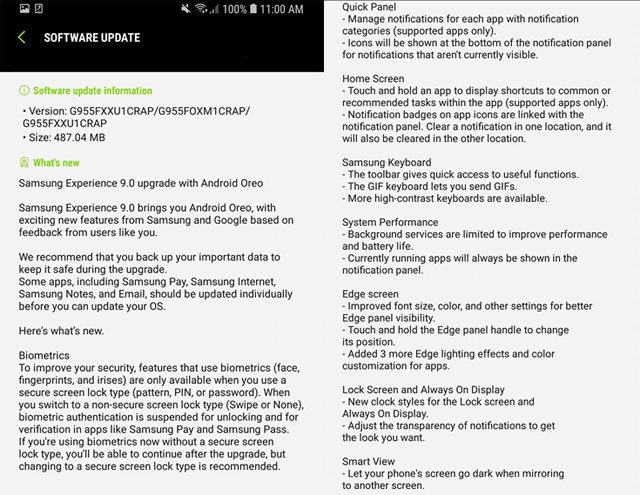 Galaxy S8 and S8 Plus Oreo Changelog 1
