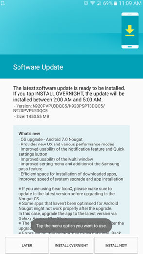Sprint Galaxy Note 5 Nougat Update