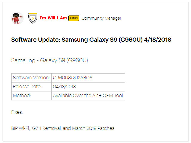 Sprint Samsung Galaxy S9 March 2018 Security Update
