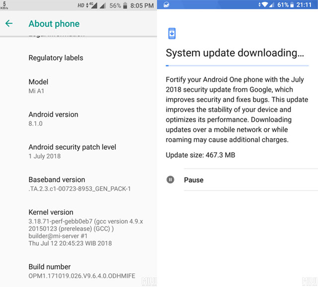 Xiaomi Mi A1 Stable Android 8.1 Oreo Update