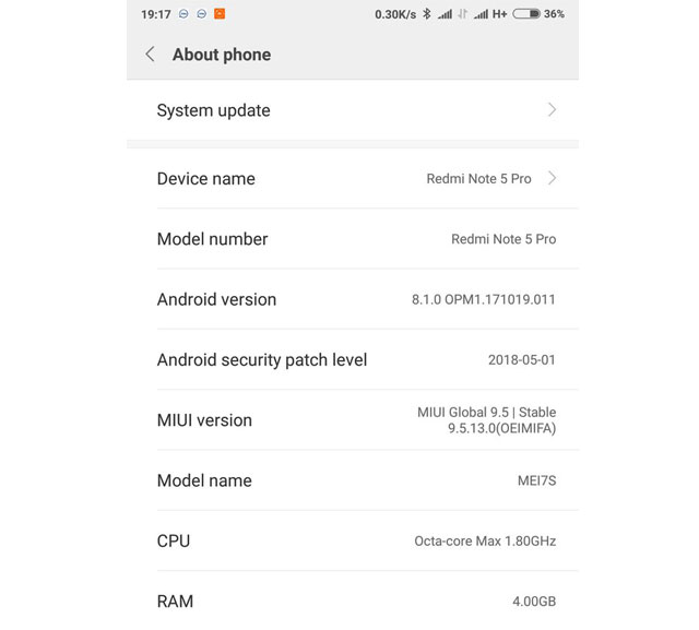 Redmi Note 5 Pro Update Screenshot